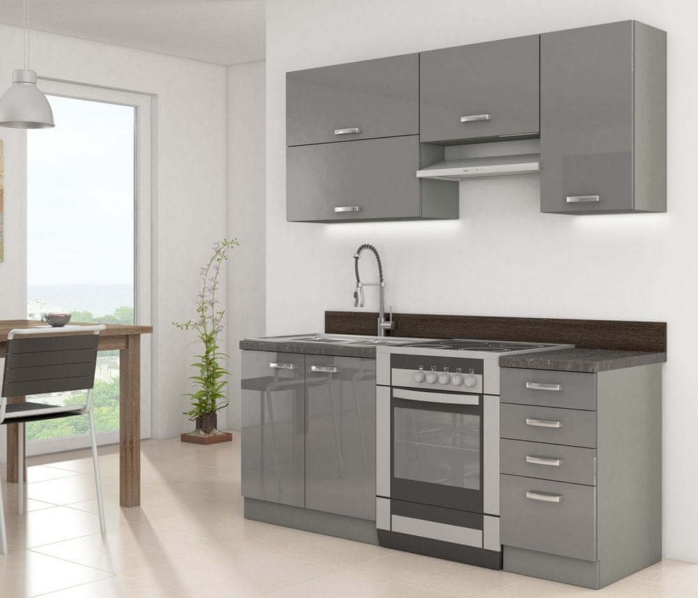 Veneti Kuchyňa do paneláku 180/180 cm RONG 2 - šedá / lesklá šedá + LED, príborník a pracovná doska ZDARMA